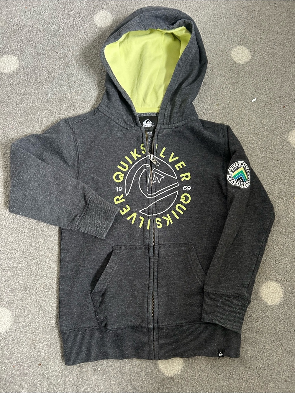Quiksilver Kids Dark Gray Zip Hoodie with Lime Green Hood Lining